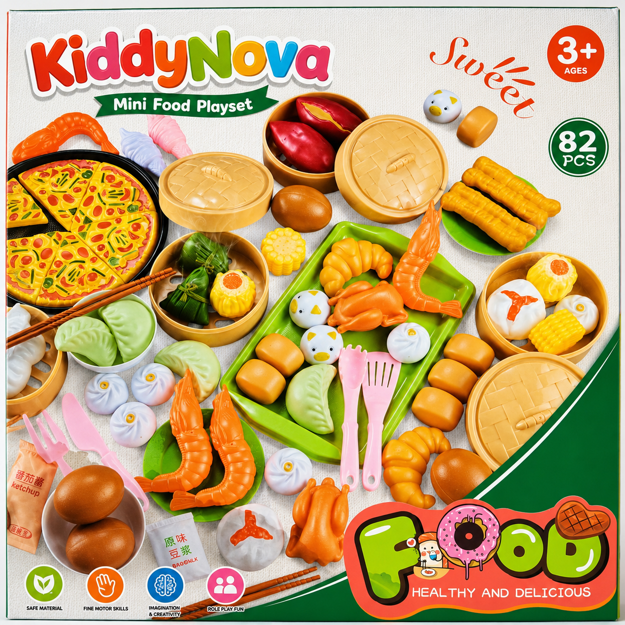 Premium 82 PCS Kids Pretend Play Food Kitchen Toy - Mega Deluxe Breakfast & Fast Food Set - Main Image 01