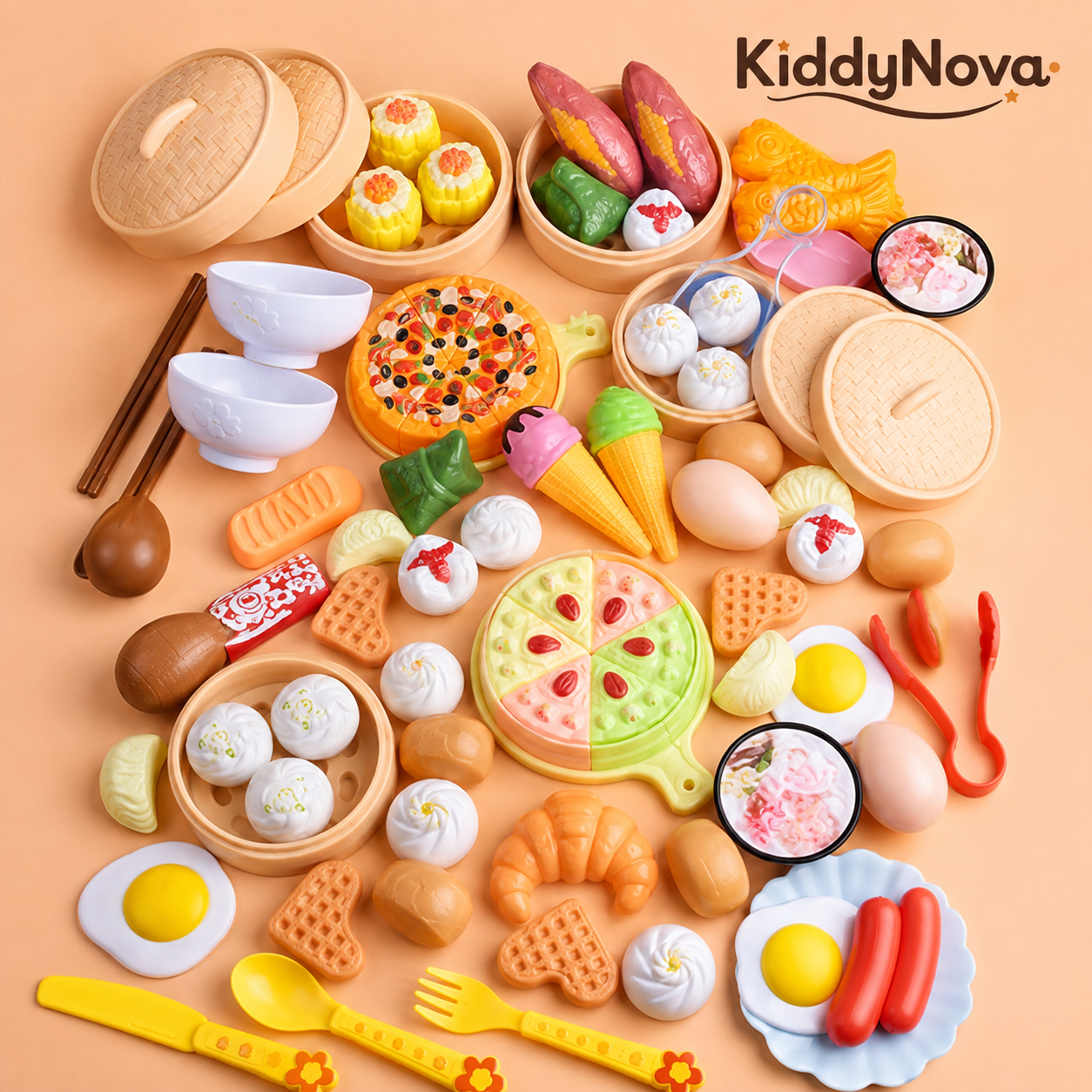 Premium 82 PCS Kids Pretend Play Food Kitchen Toy - Mega Deluxe Breakfast & Fast Food Set - Gallery Image 02